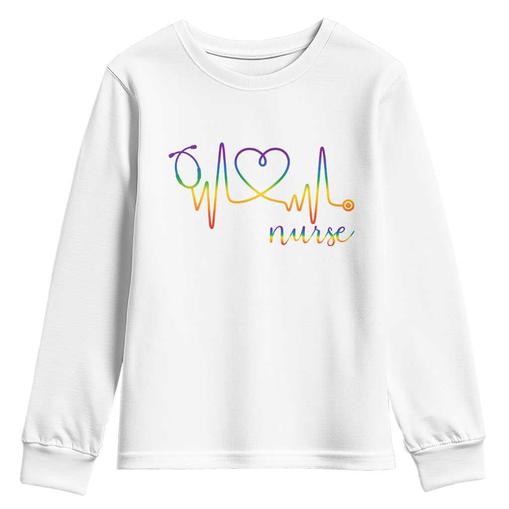 Nurse Heartbeat Rainbow Heart LGBTQ Pride Youth Sweatshirt Medical Professional Support TS12 White Print Your Wear