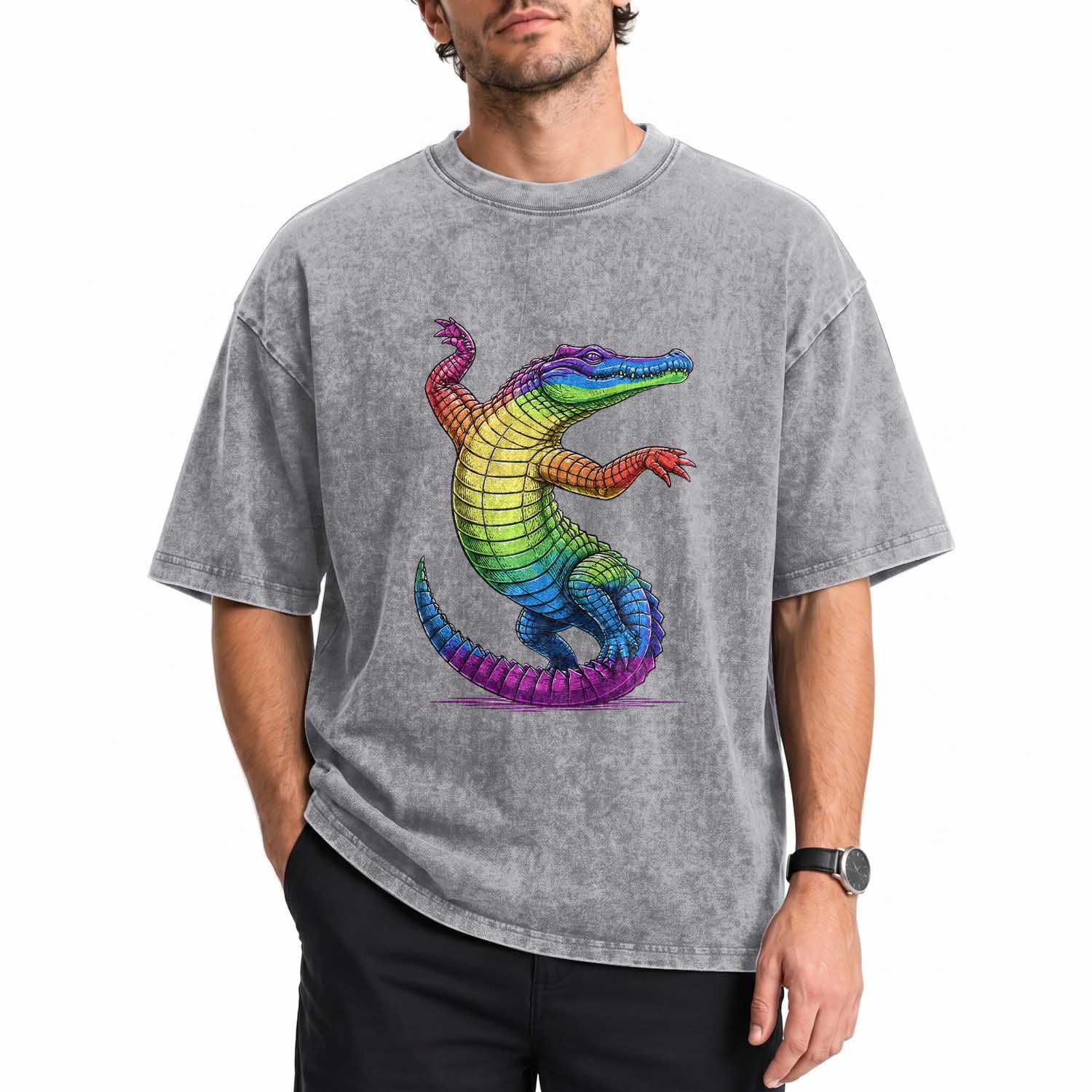 Funny Rainbow Gator LGBTQ Pride Support Washed Cotton T-Shirt