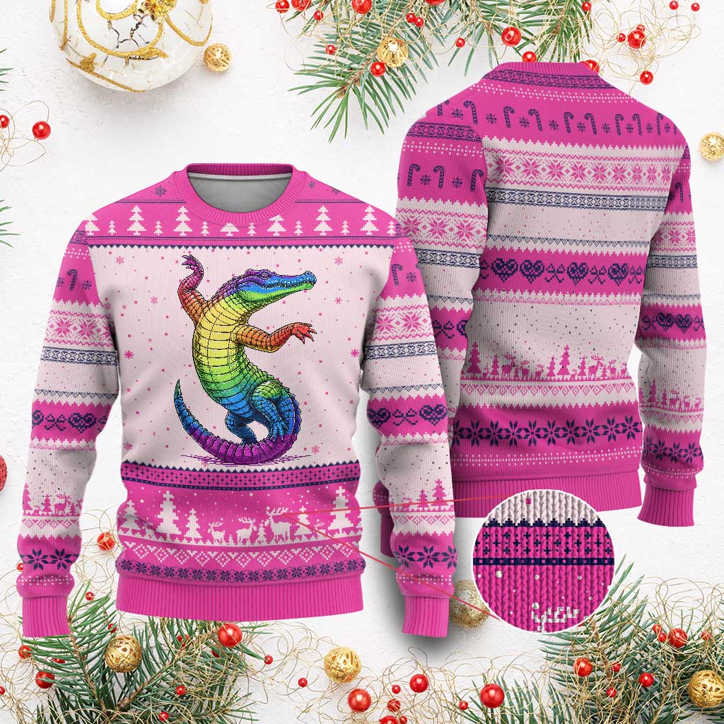 Funny Rainbow Gator LGBTQ Pride Support Ugly Christmas Sweater TS12 Hot Pink Print Your Wear