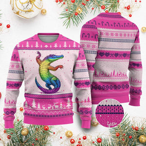 Funny Rainbow Gator LGBTQ Pride Support Ugly Christmas Sweater TS12 Hot Pink Print Your Wear