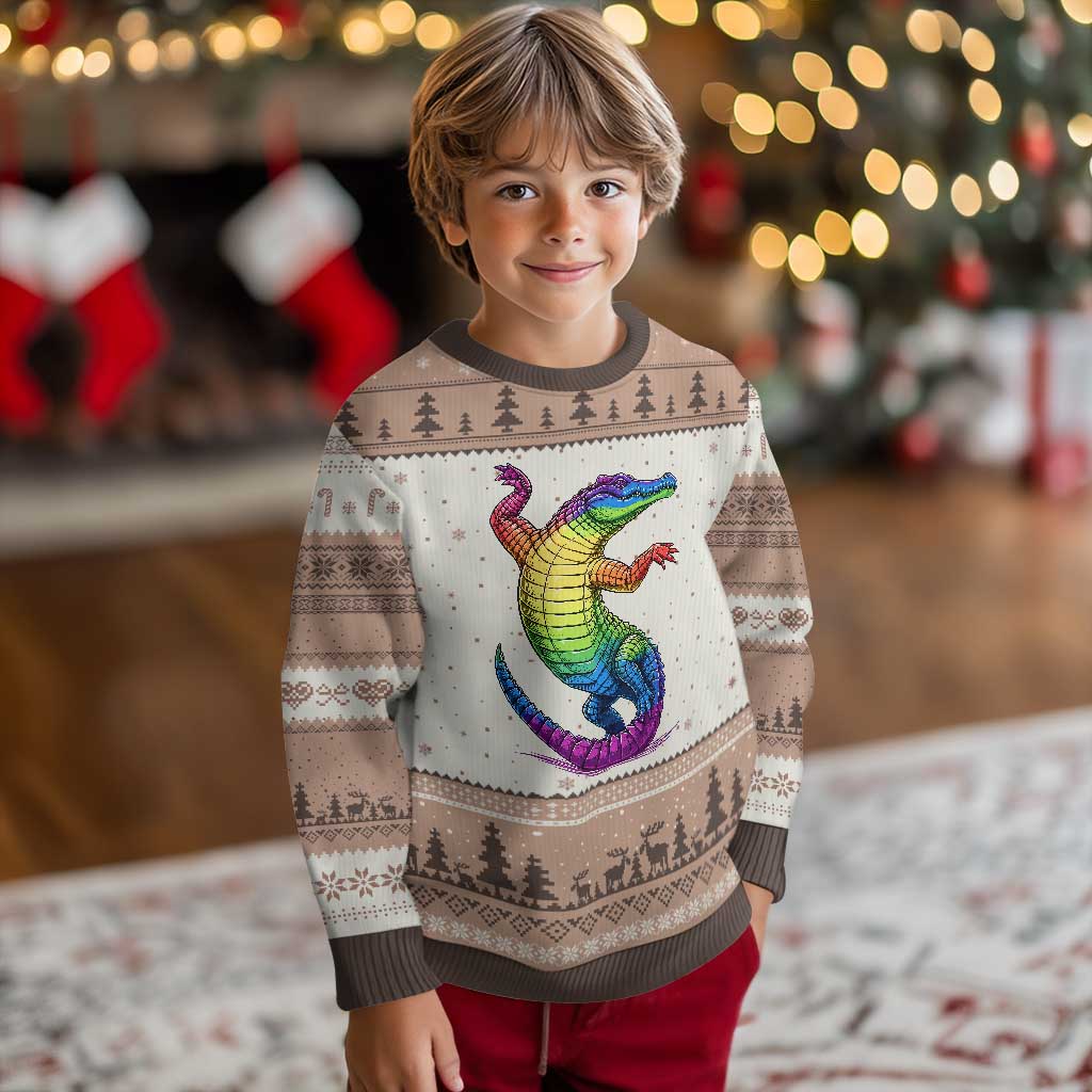 Funny Rainbow Gator LGBTQ Pride Support Ugly Christmas Sweater TS12 Mocha Mousse Print Your Wear
