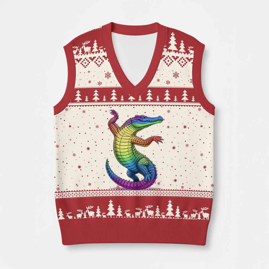 Funny Rainbow Gator LGBTQ Pride Support V-Neck Knit Sweater Vest TS12 Beige Red Print Your Wear