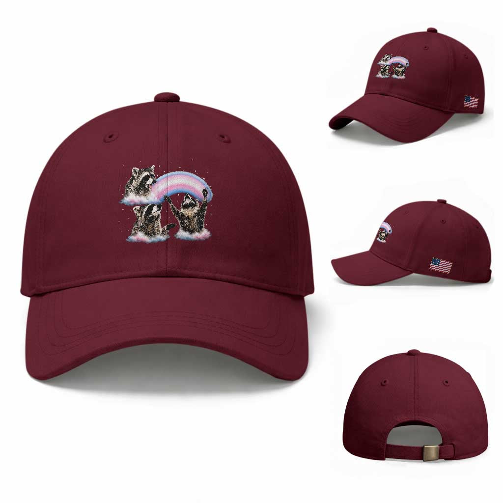 Howling Raccoon LGBTQ Pride Baseball Cap Rainbow Trash Panda Support TS12 Baseball Cap Universal Fit Maroon Print Your Wear