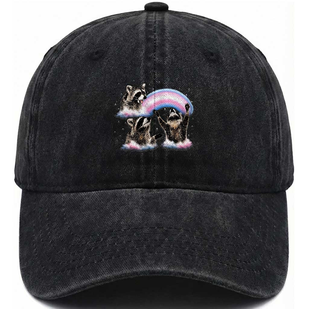 Howling Raccoon LGBTQ Pride Washed Cotton Baseball Cap Rainbow Trash Panda Support TS12 Print Your Wear