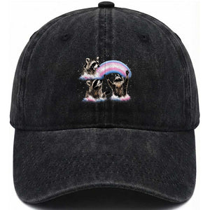 Howling Raccoon LGBTQ Pride Washed Cotton Baseball Cap Rainbow Trash Panda Support TS12 Print Your Wear