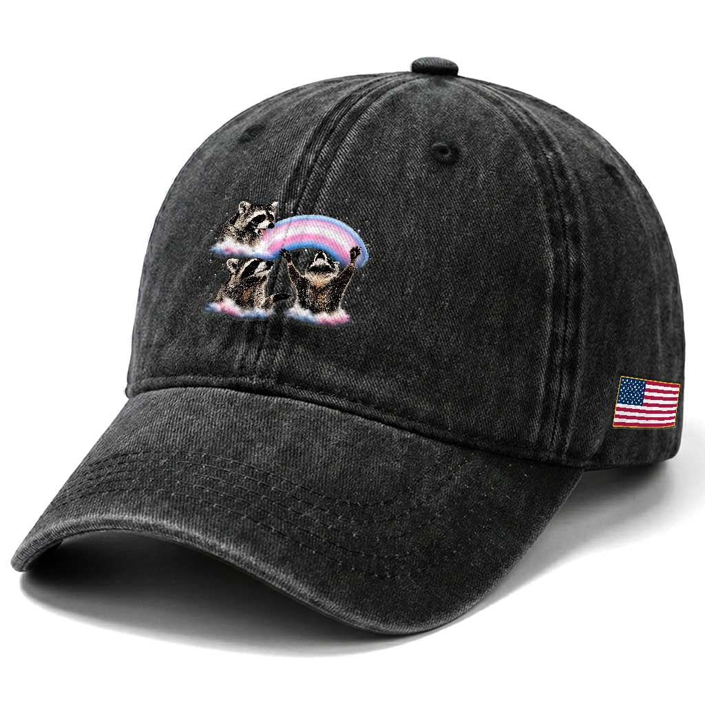 Howling Raccoon LGBTQ Pride Washed Cotton Baseball Cap Rainbow Trash Panda Support TS12 Print Your Wear