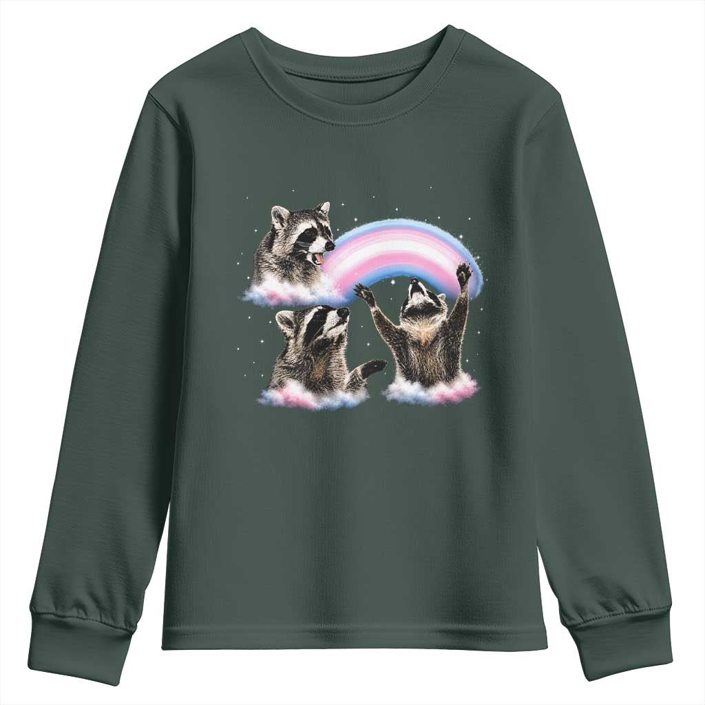 Howling Raccoon LGBTQ Pride Youth Sweatshirt Rainbow Trash Panda Support TS12 Dark Forest Green Print Your Wear