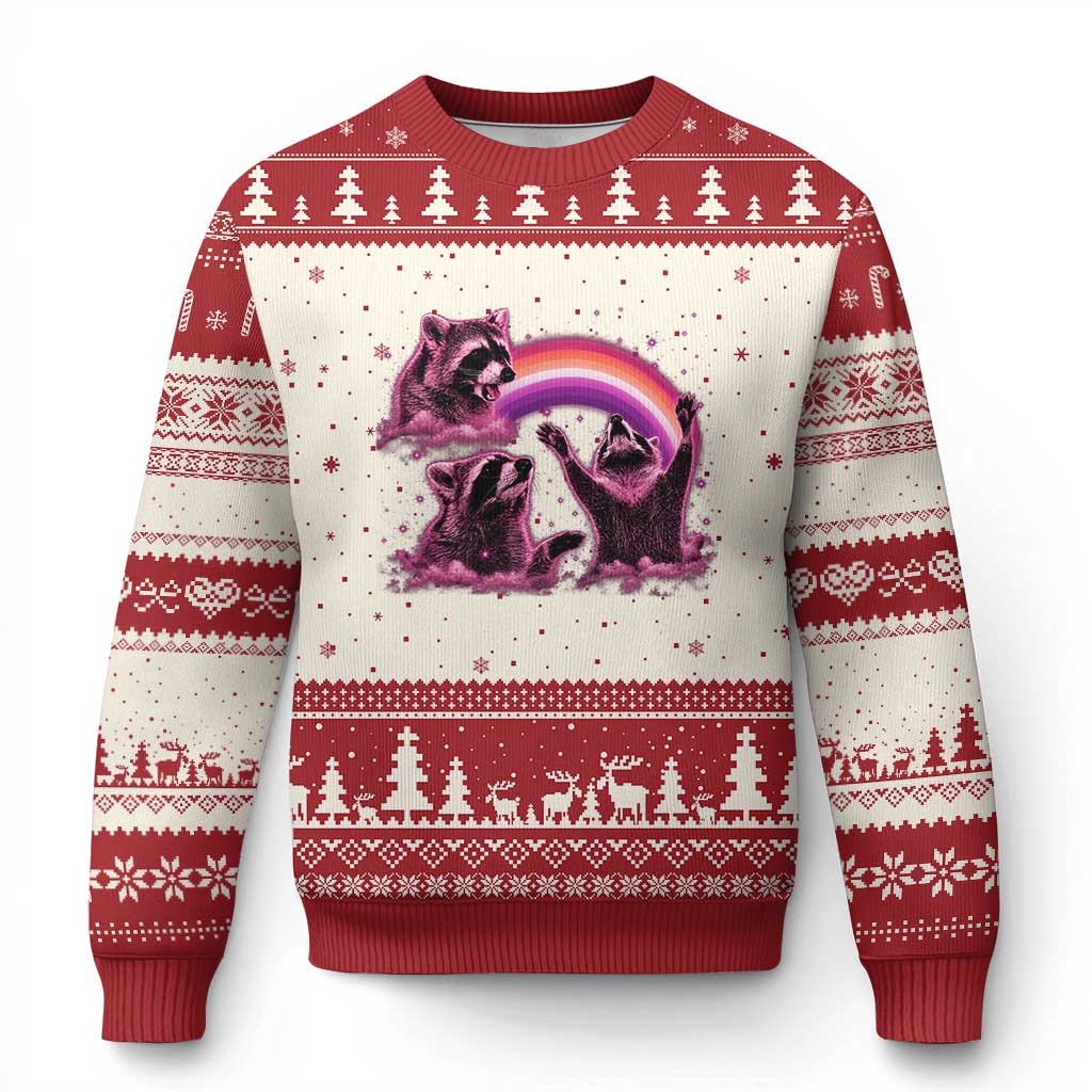Funny Pink Raccoon Live Laugh Ugly Christmas Sweater Lesbian Pride Month TS12 Beige Red Print Your Wear
