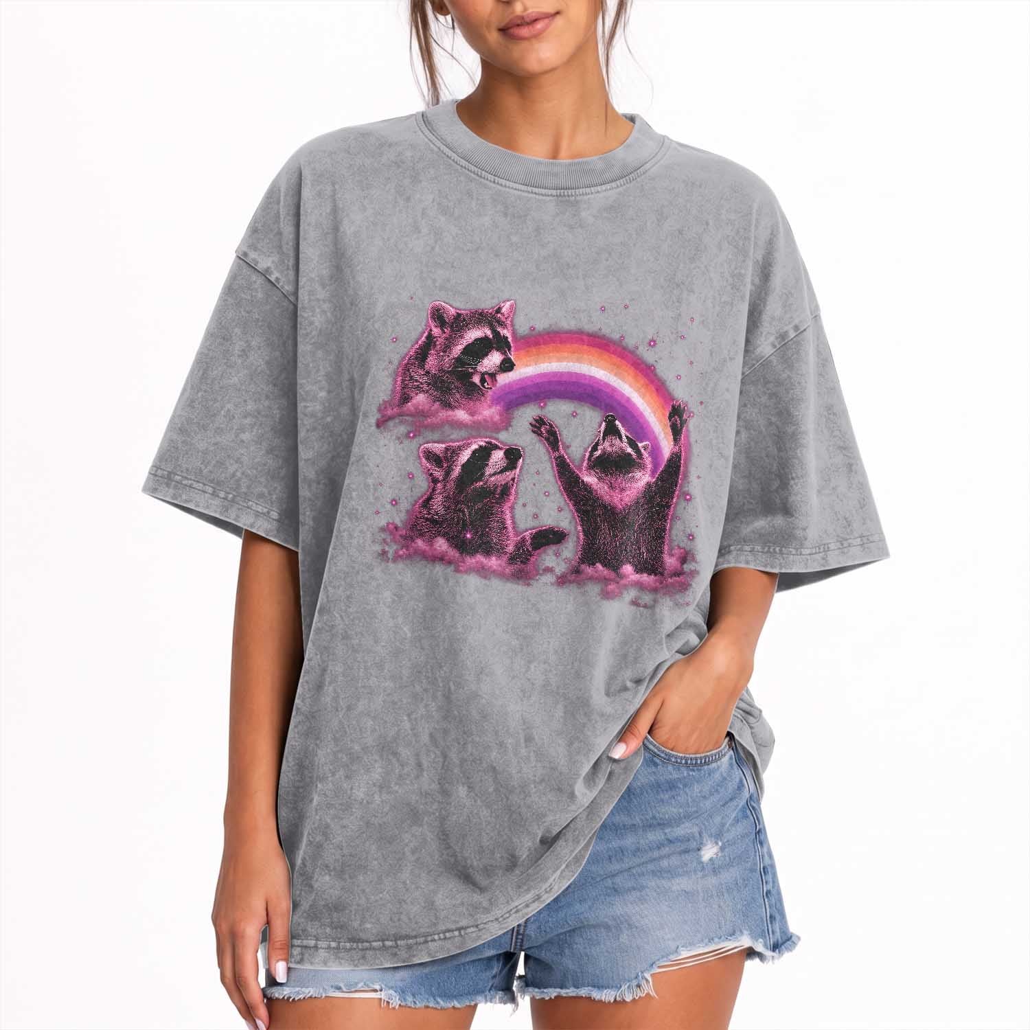 Funny Pink Raccoon Live Laugh Washed Cotton T-Shirt Lesbian Pride Month