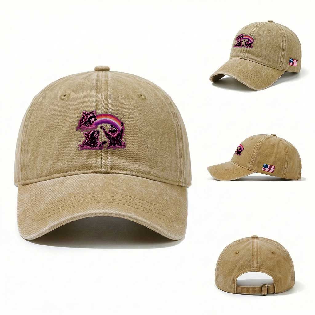 Funny Pink Raccoon Live Laugh Washed Cotton Baseball Cap Lesbian Pride Month TS12 Washed Cap Universal Fit Khaki Print Your Wear
