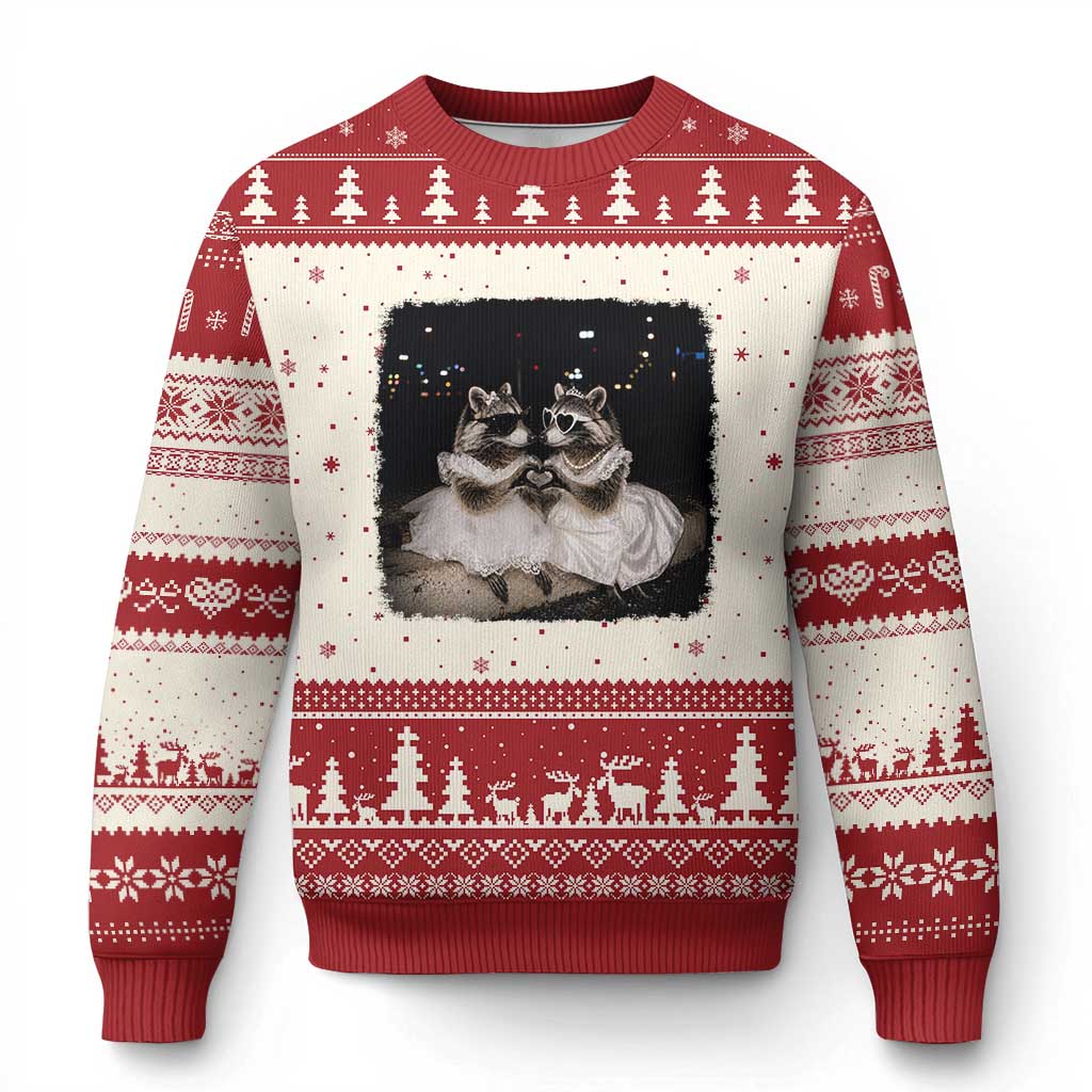 Funny Lesbian Raccoon Engagement Ugly Christmas Sweater LGBTQ Pride Gift TS12 Beige Red Print Your Wear