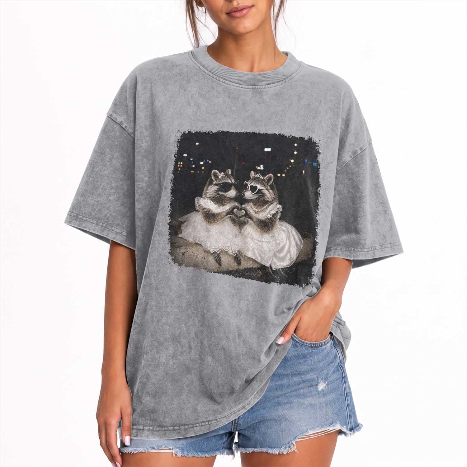 Funny Lesbian Raccoon Engagement Washed Cotton T-Shirt LGBTQ Pride Gift