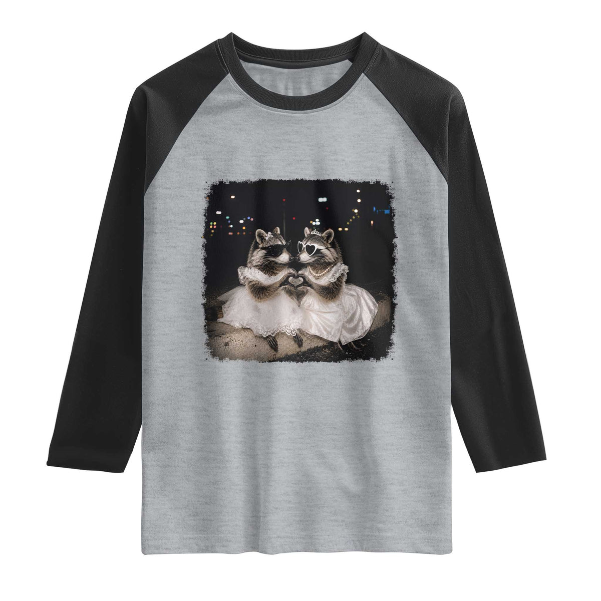 Funny Lesbian Raccoon Engagement Raglan Shirt LGBTQ Pride Gift TS12 Heather Gray Black Print Your Wear