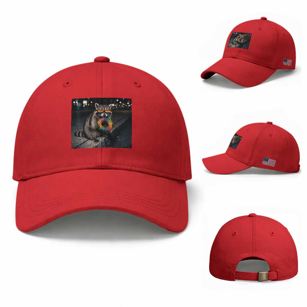 Raccoon Eating Baguette Graphic Baseball Cap Humorous Gay Pride Gift TS12 Baseball Cap Universal Fit Red Print Your Wear