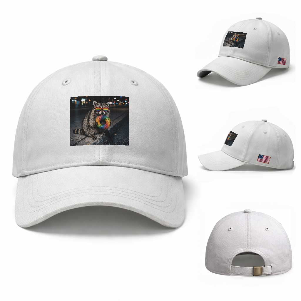 Raccoon Eating Baguette Graphic Baseball Cap Humorous Gay Pride Gift TS12 Baseball Cap Universal Fit White Print Your Wear