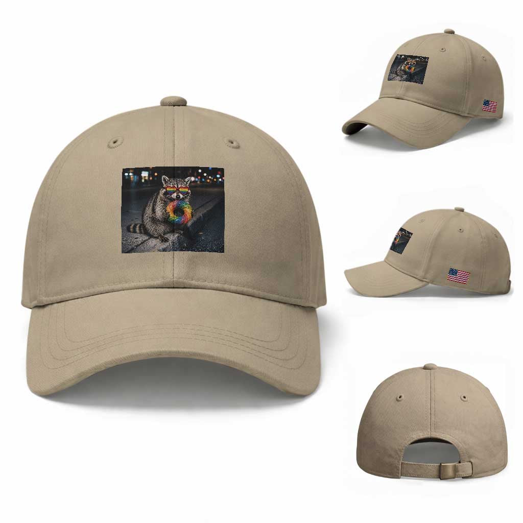 Raccoon Eating Baguette Graphic Baseball Cap Humorous Gay Pride Gift TS12 Baseball Cap Universal Fit Khaki Print Your Wear