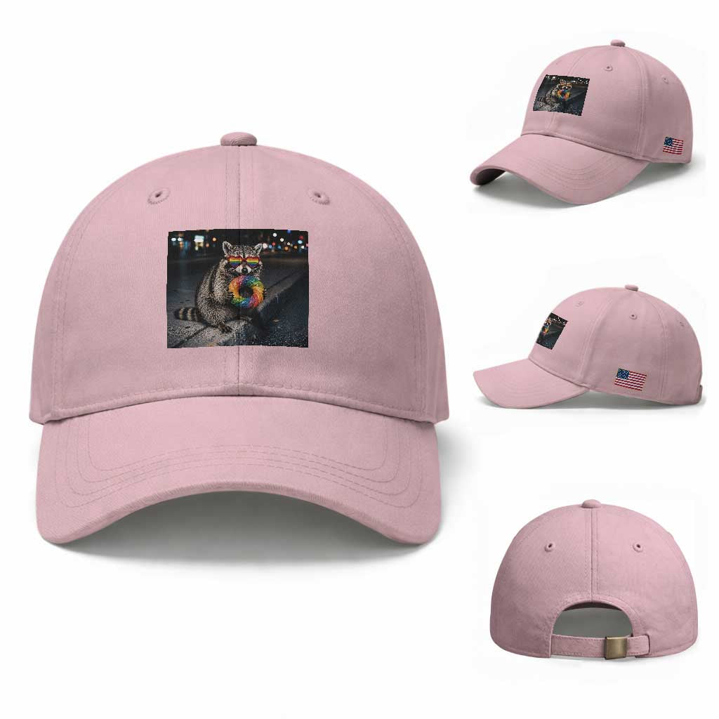 Raccoon Eating Baguette Graphic Baseball Cap Humorous Gay Pride Gift TS12 Baseball Cap Universal Fit Light Pink Print Your Wear