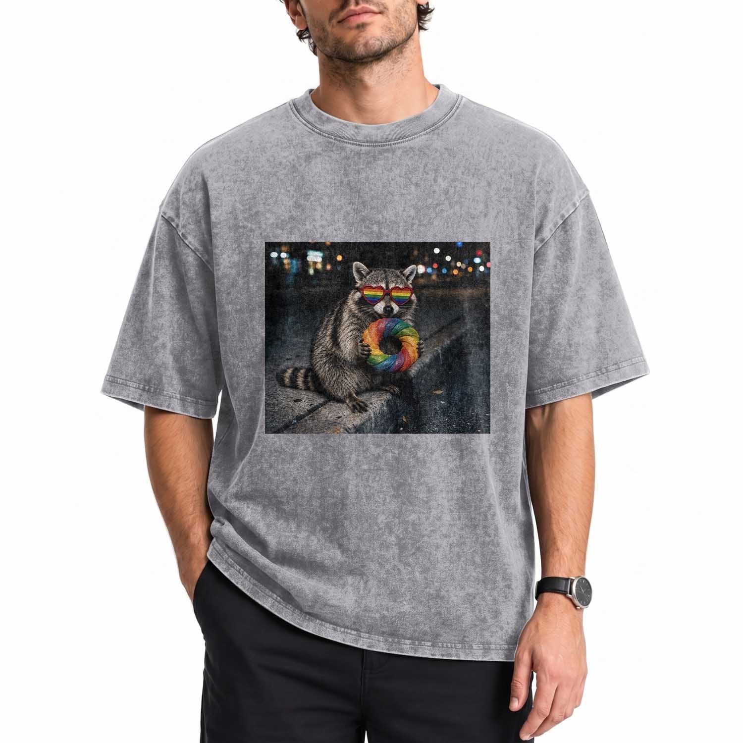 Raccoon Eating Baguette Graphic Washed Cotton T-Shirt Humorous Gay Pride Gift