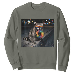 Raccoon Eating Baguette Graphic Sweatshirt Humorous Gay Pride Gift TS12 Military Green Print Your Wear