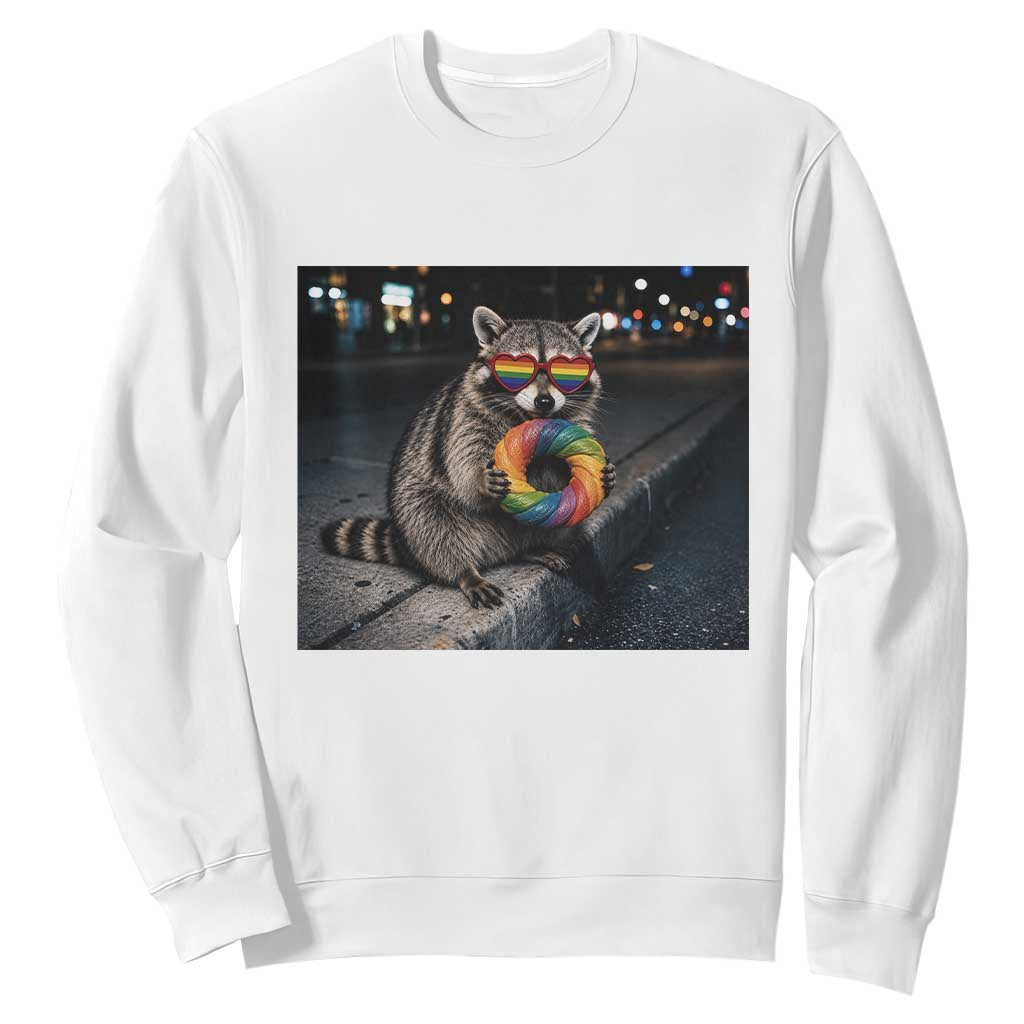 Raccoon Eating Baguette Graphic Sweatshirt Humorous Gay Pride Gift TS12 White Print Your Wear