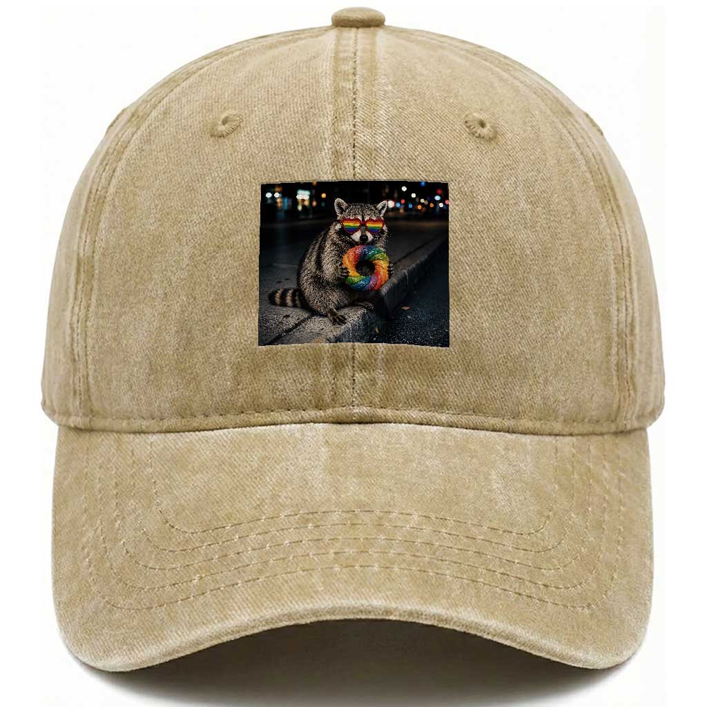 Raccoon Eating Baguette Graphic Washed Cotton Baseball Cap Humorous Gay Pride Gift TS12 Print Your Wear