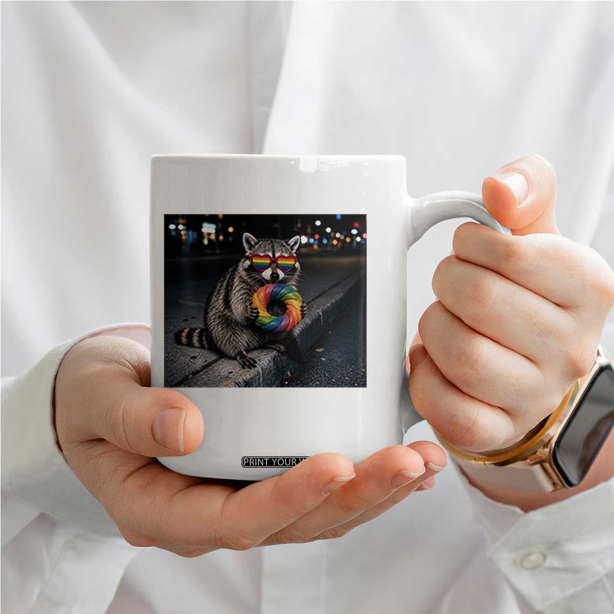 Raccoon Eating Baguette Graphic Coffee Mug Humorous Gay Pride Gift TS12 Print Your Wear