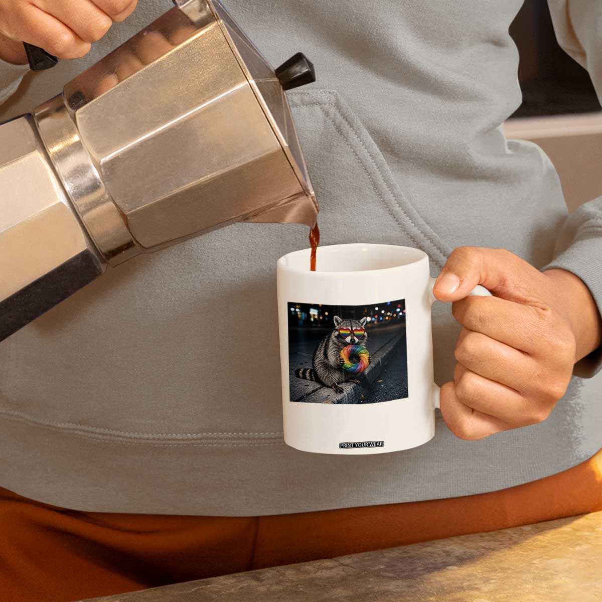 Raccoon Eating Baguette Graphic Coffee Mug Humorous Gay Pride Gift TS12 Print Your Wear