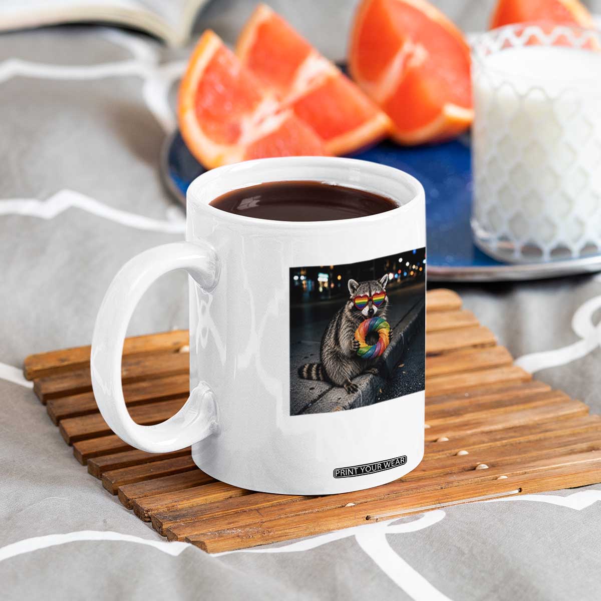 Raccoon Eating Baguette Graphic Coffee Mug Humorous Gay Pride Gift TS12 Print Your Wear