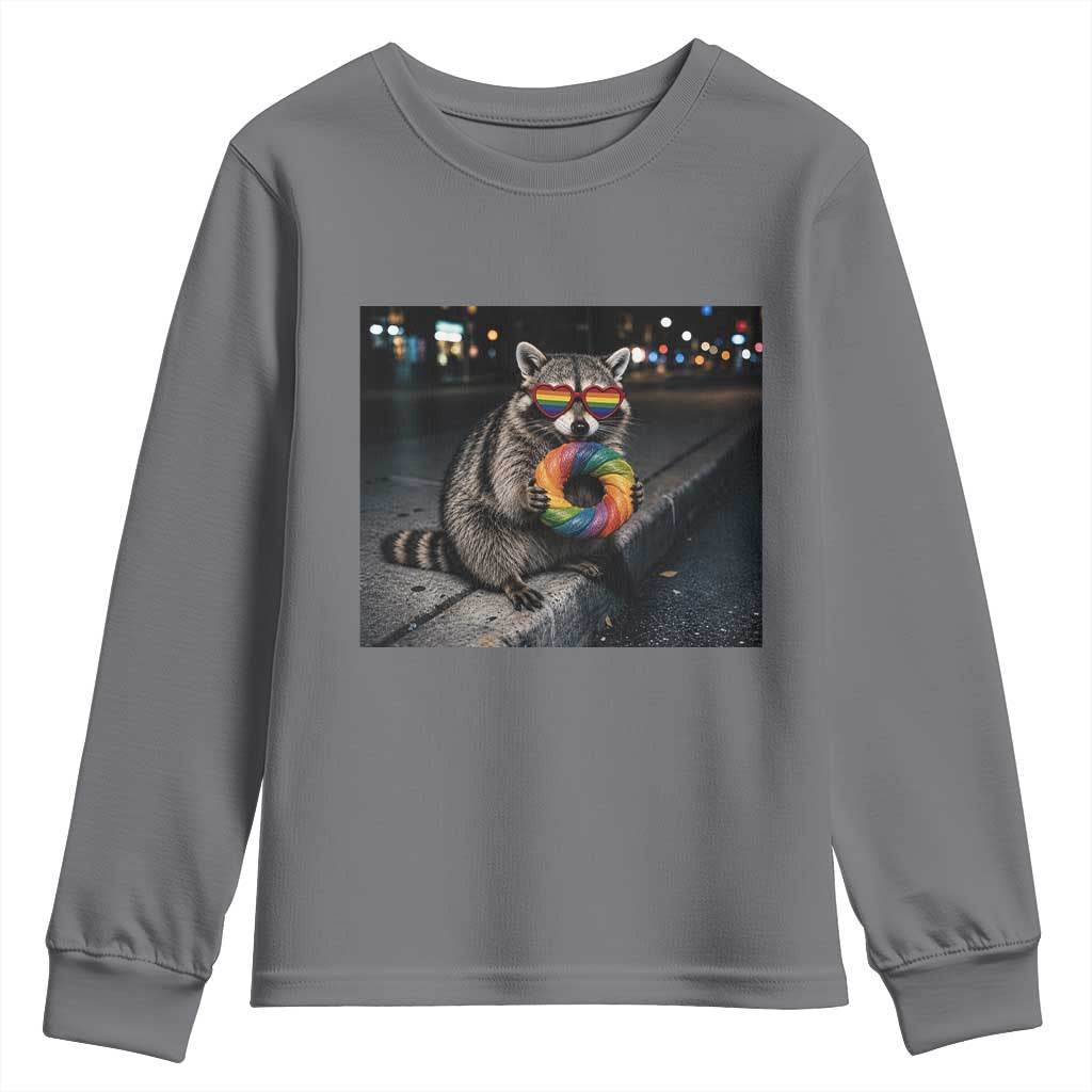 Raccoon Eating Baguette Graphic Youth Sweatshirt Humorous Gay Pride Gift TS12 Charcoal Print Your Wear