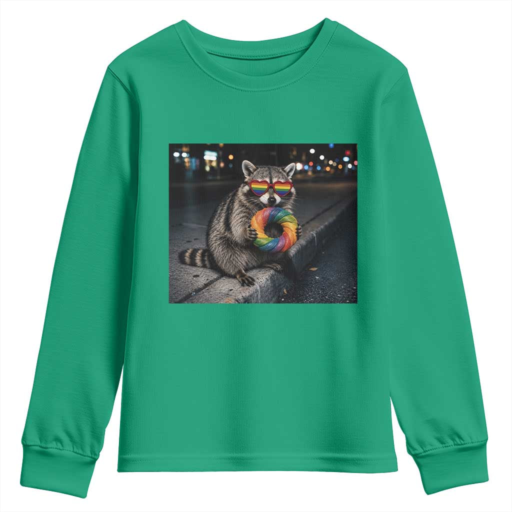 Raccoon Eating Baguette Graphic Youth Sweatshirt Humorous Gay Pride Gift TS12 Irish Green Print Your Wear