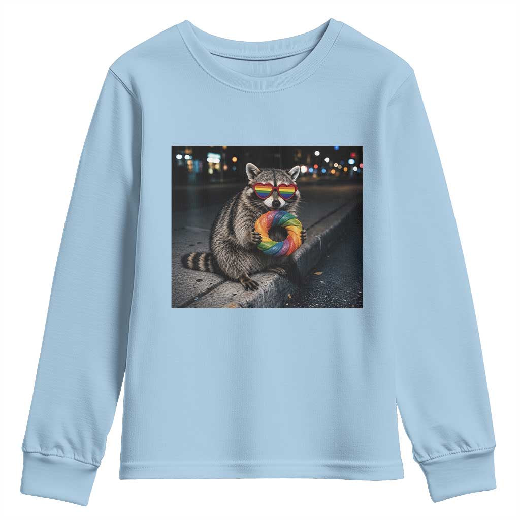 Raccoon Eating Baguette Graphic Youth Sweatshirt Humorous Gay Pride Gift TS12 Light Blue Print Your Wear