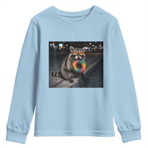 Raccoon Eating Baguette Graphic Youth Sweatshirt Humorous Gay Pride Gift TS12 Light Blue Print Your Wear
