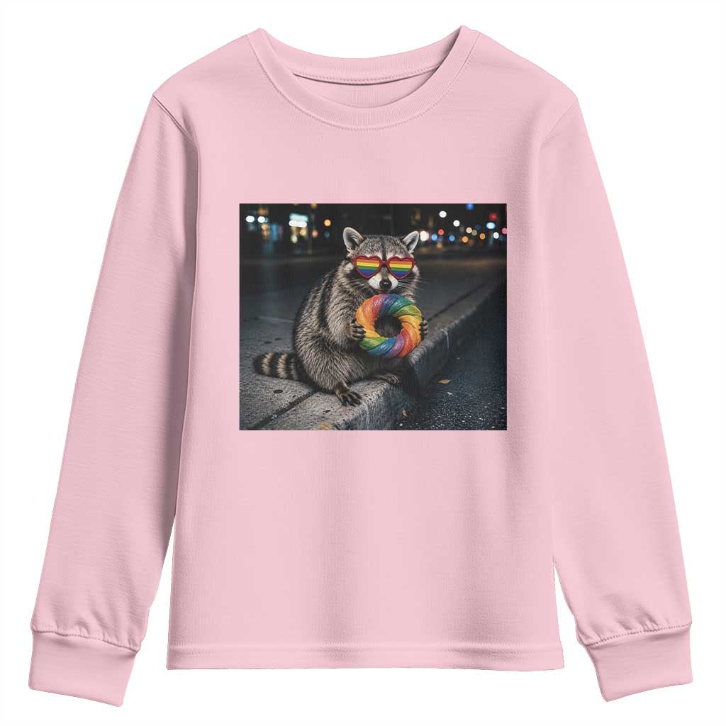 Raccoon Eating Baguette Graphic Youth Sweatshirt Humorous Gay Pride Gift TS12 Light Pink Print Your Wear