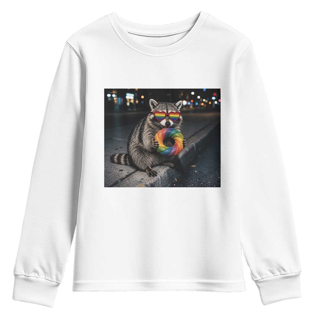 Raccoon Eating Baguette Graphic Youth Sweatshirt Humorous Gay Pride Gift TS12 White Print Your Wear