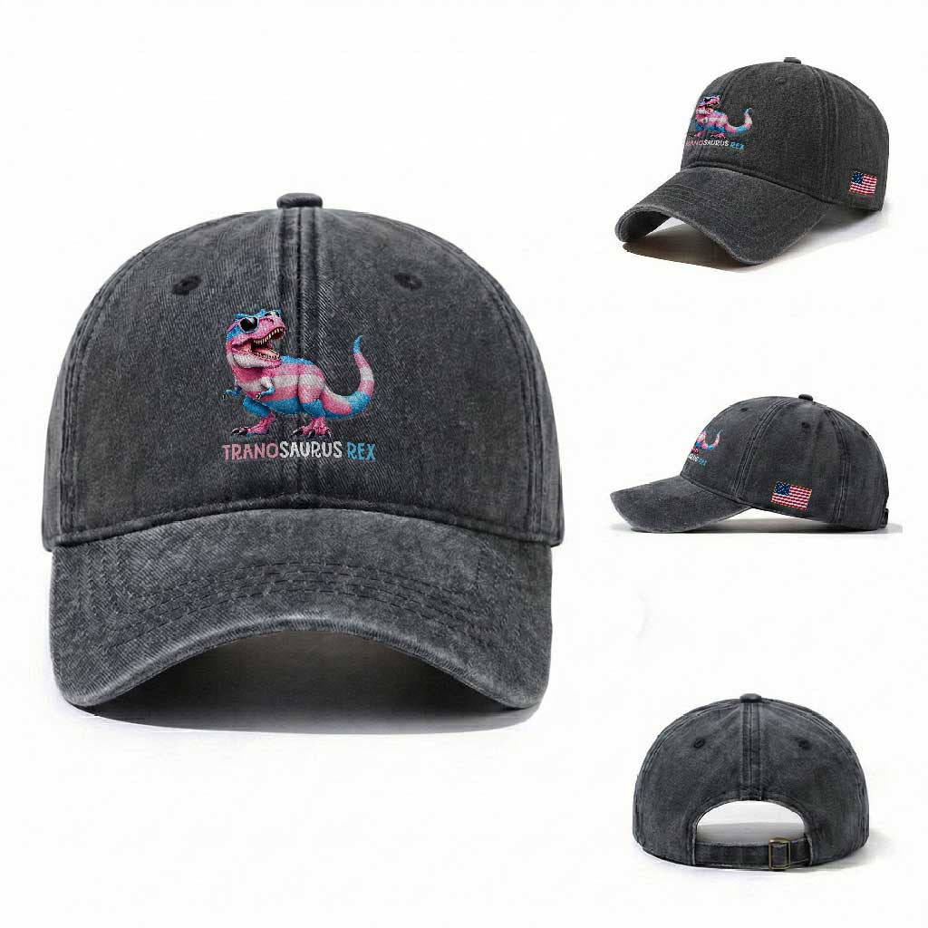Transaurus Rex Transgender Pride Washed Cotton Baseball Cap Funny Dinosaur Lover TS12 Washed Cap Universal Fit Dark Gray Print Your Wear
