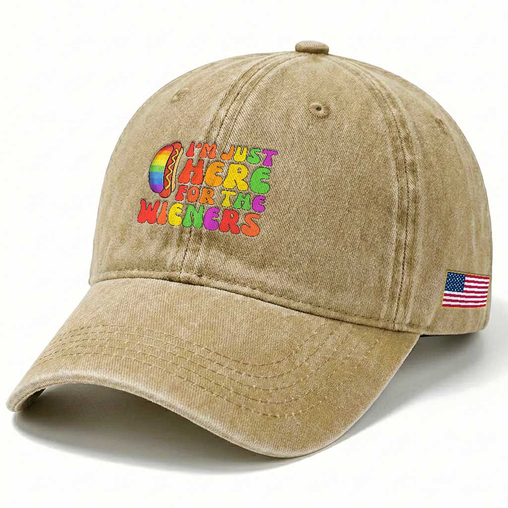 Funny Im Just Here For The Wieners Washed Cotton Baseball Cap LGBTQ Pride Party Gift TS12 Print Your Wear
