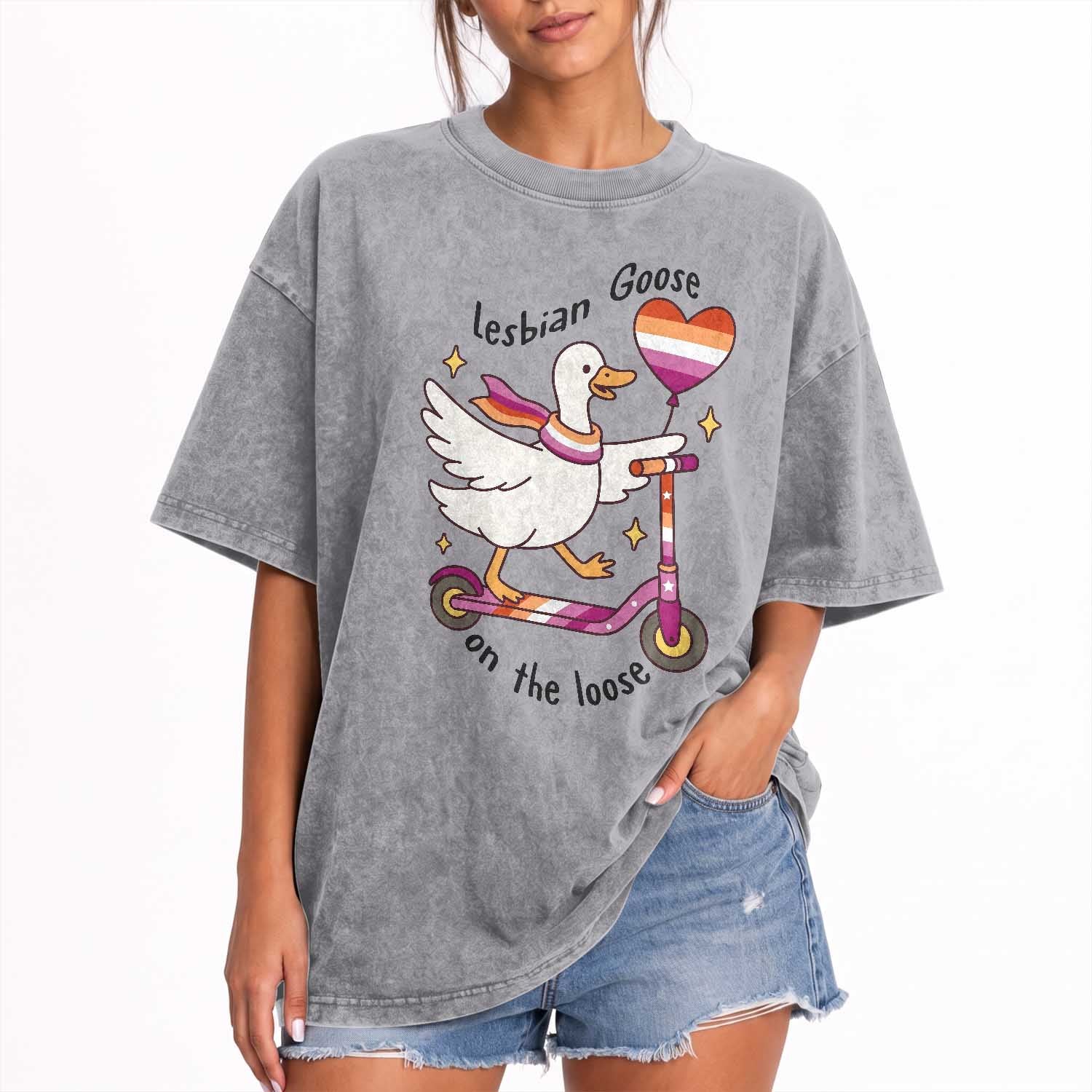 Lesbian Goose On The Loose Washed Cotton T-Shirt Funny LGBTQ Animal Pride Gift