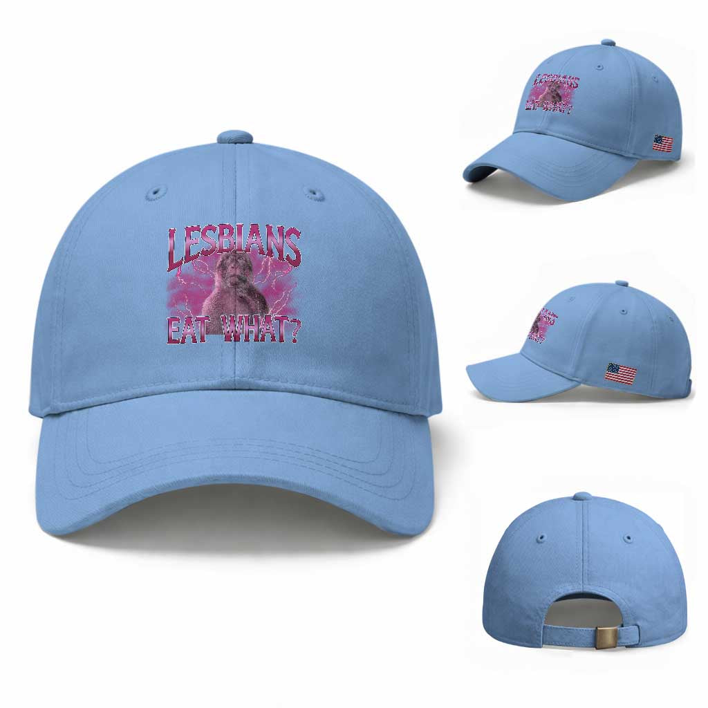 Funny Monkey Meme Lesbians Eat What Baseball Cap LGBTQ Pride Gift TS12 Baseball Cap Universal Fit Light Blue Print Your Wear