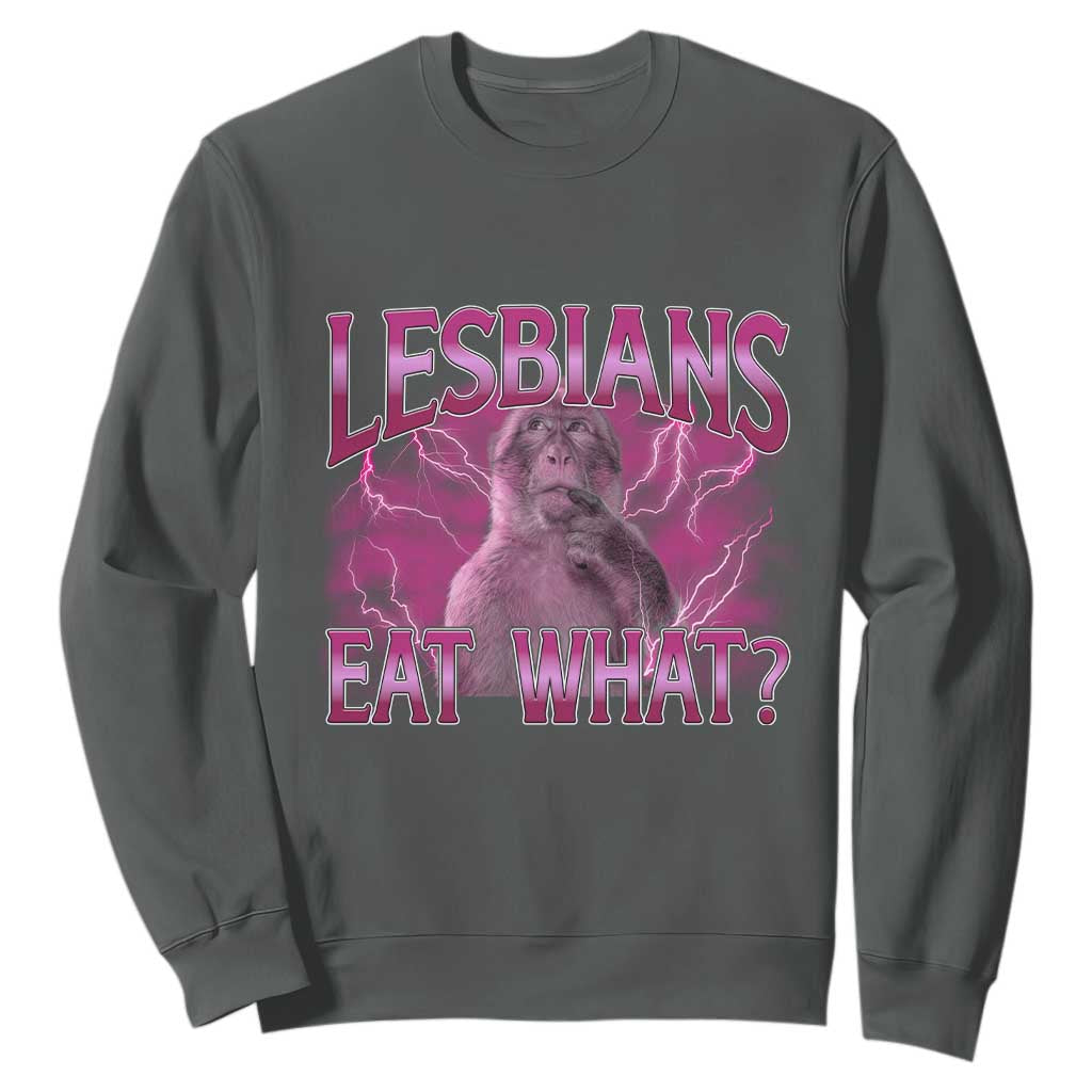 Funny Monkey Meme Lesbians Eat What Sweatshirt LGBTQ Pride Gift TS12 Dark Heather Print Your Wear