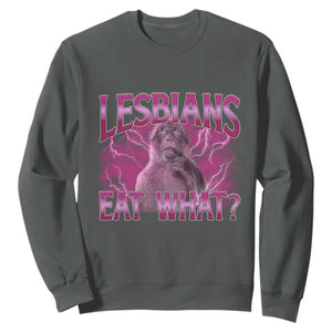 Funny Monkey Meme Lesbians Eat What Sweatshirt LGBTQ Pride Gift TS12 Dark Heather Print Your Wear