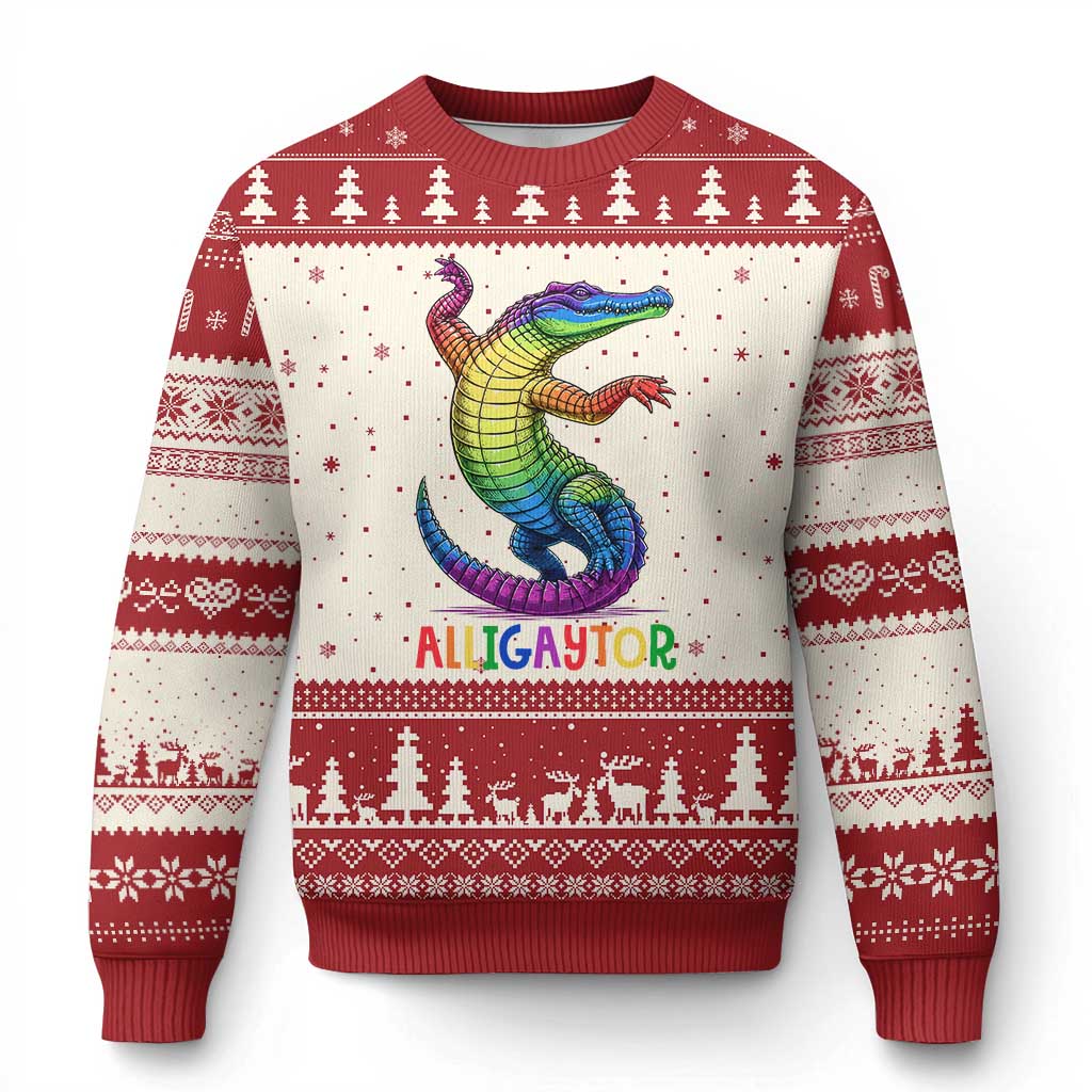 Alligaytor LGBTQ Pride Graphic Ugly Christmas Sweater Queer Reptile Lovers TS12 Beige Red Print Your Wear