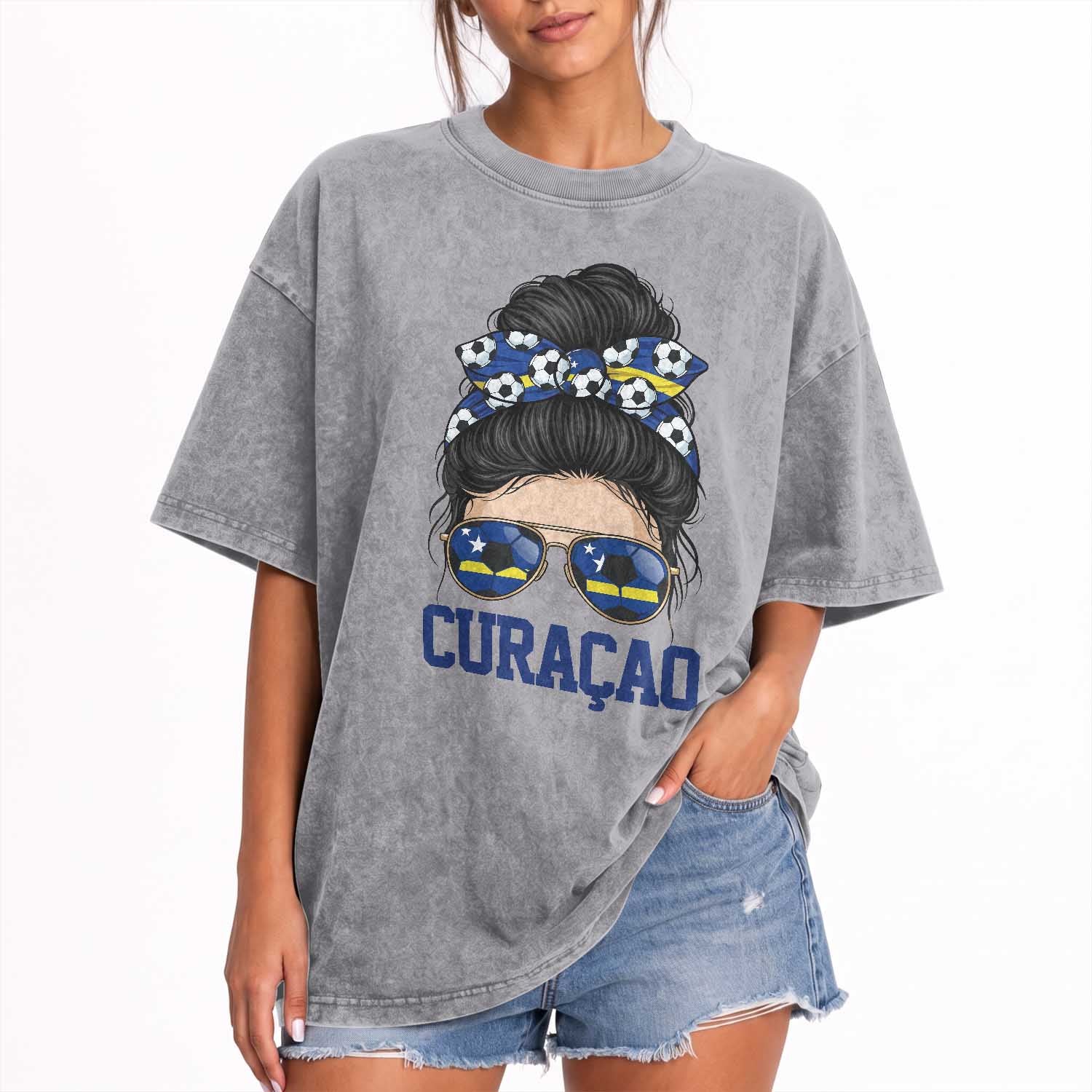 Curacao Soccer Messy Bun Girl Washed Cotton T-Shirt Proud Curacaoan Heritage Gift