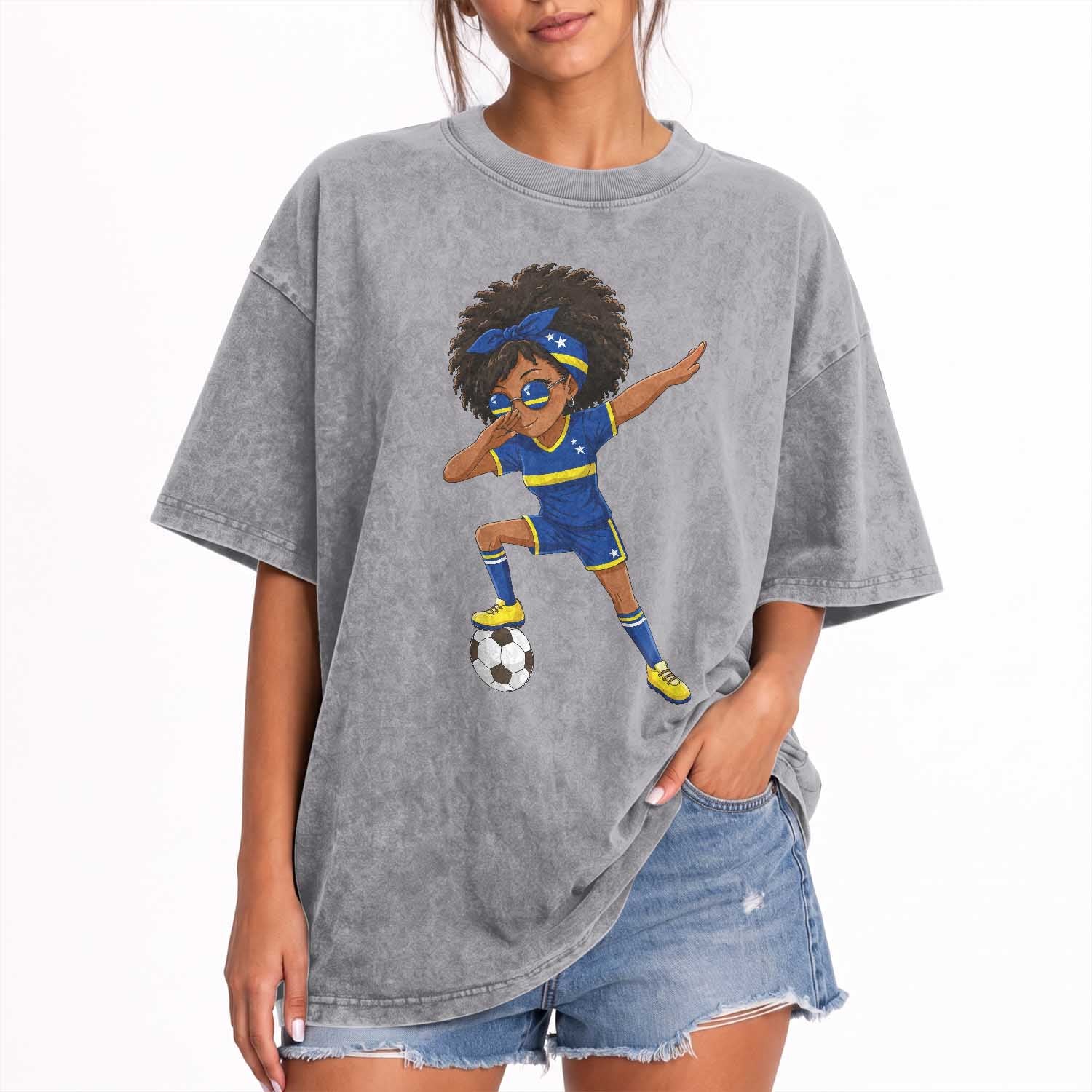Funny Curacao Soccer Girl Washed Cotton T-Shirt Dabbing Football Fan Gift