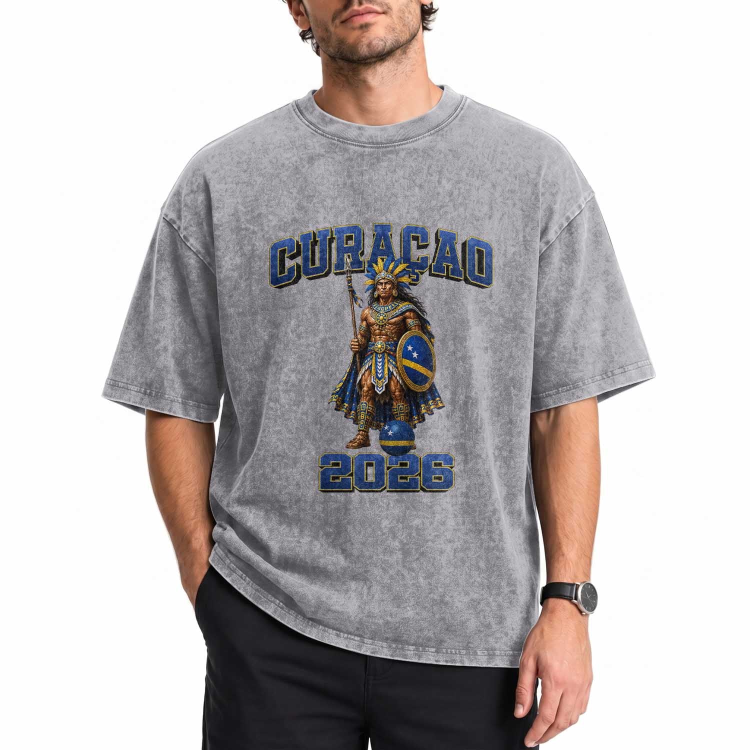 Curacao Warrior Football Fan Washed Cotton T-Shirt Proud Island Game Day Gift