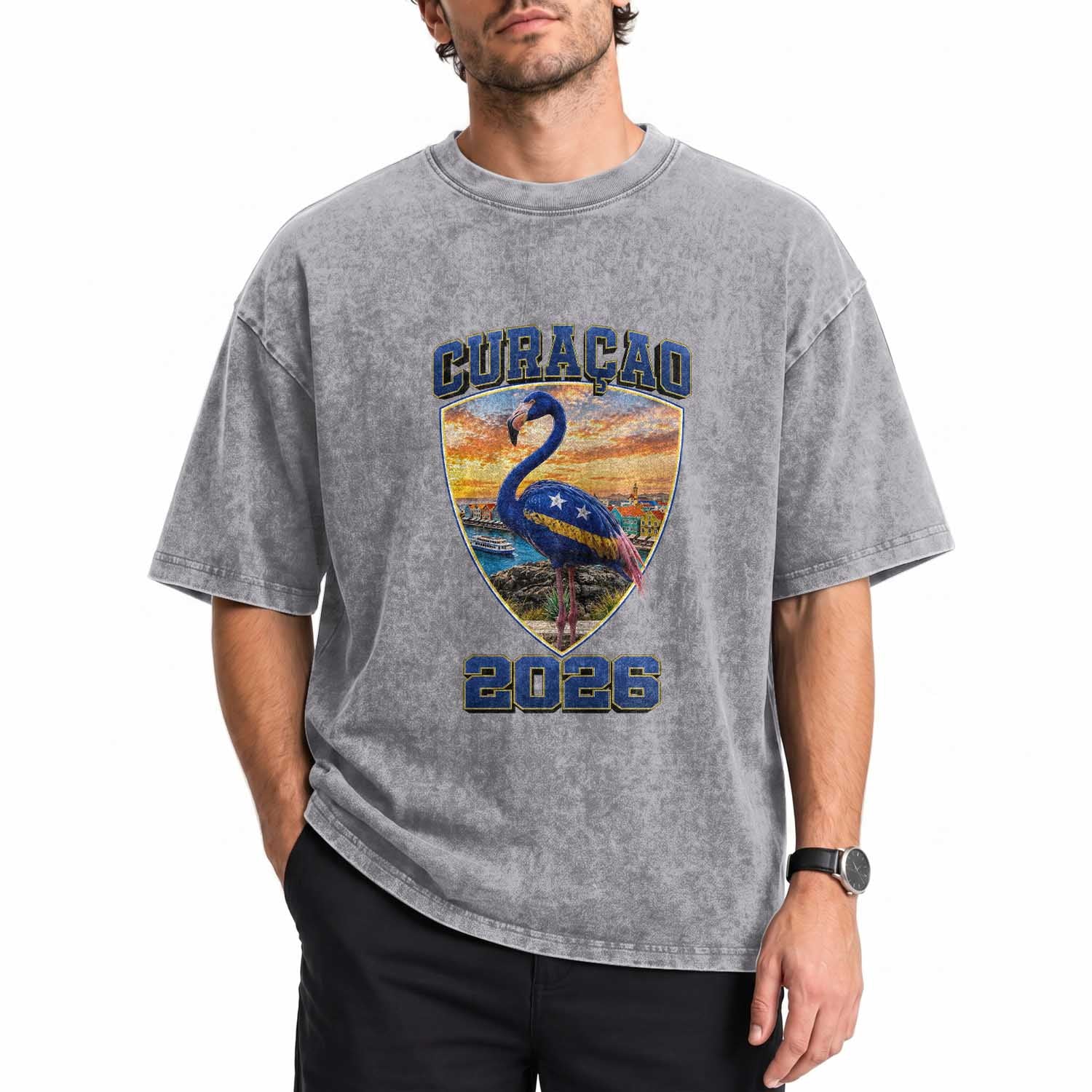 Funny Curacao Flamingo Soccer Lover Washed Cotton T-Shirt Caribbean Island Gift