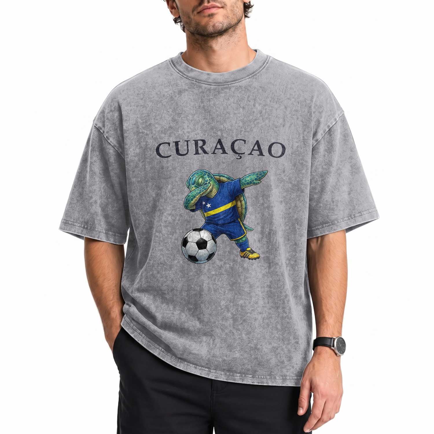 Funny Dabbing Sea Turtle Curaçao Soccer Fan Washed Cotton T-Shirt Caribbean Pride Graphic