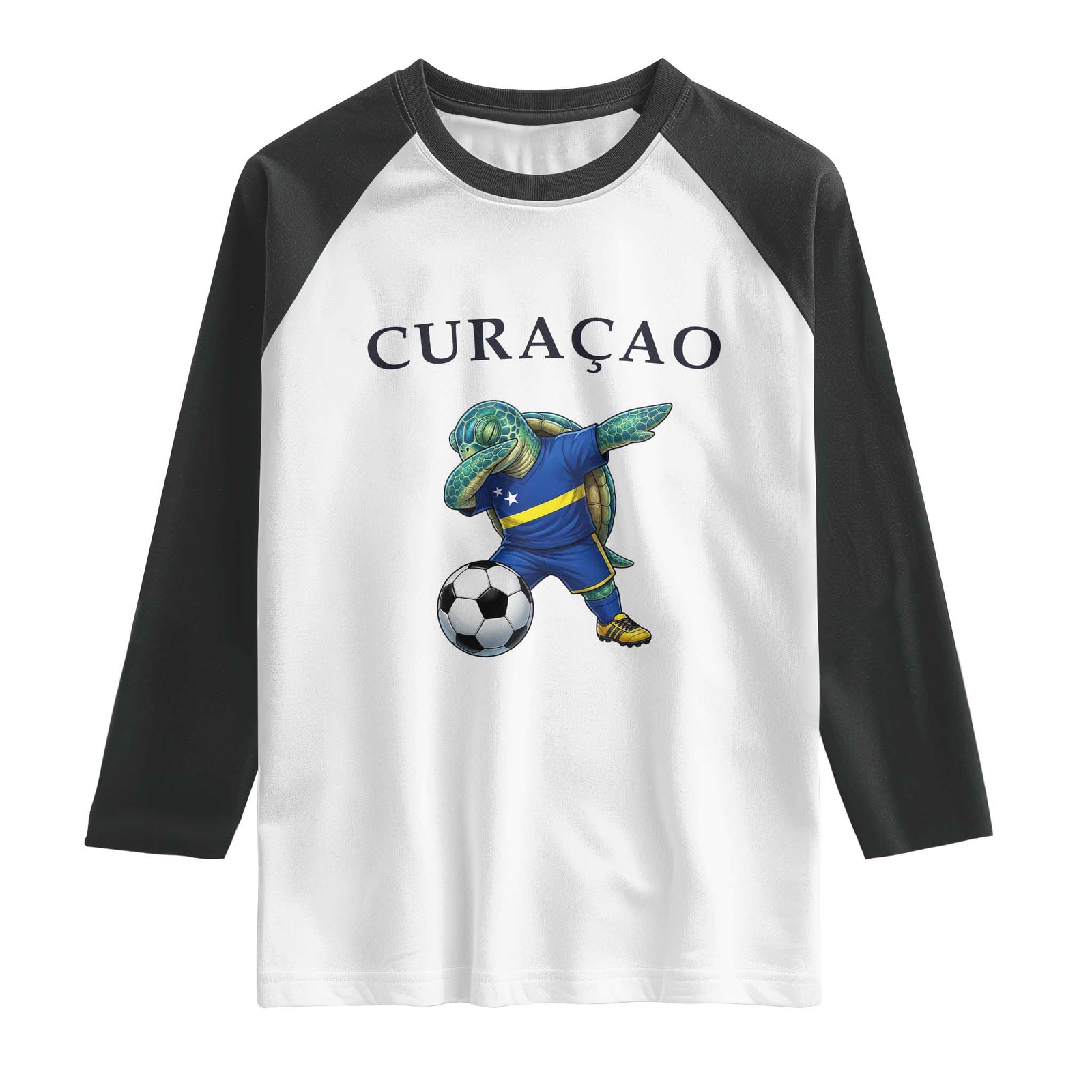 Funny Dabbing Sea Turtle Curaçao Soccer Fan Raglan Shirt Caribbean Pride Graphic TS12 White Black Print Your Wear