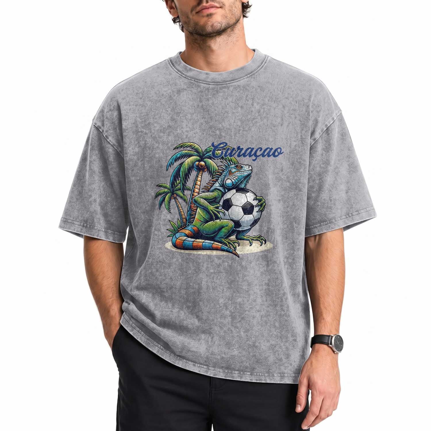 Funny Curaçao Iguana Soccer Fan Washed Cotton T-Shirt Caribbean Pride Football Graphic