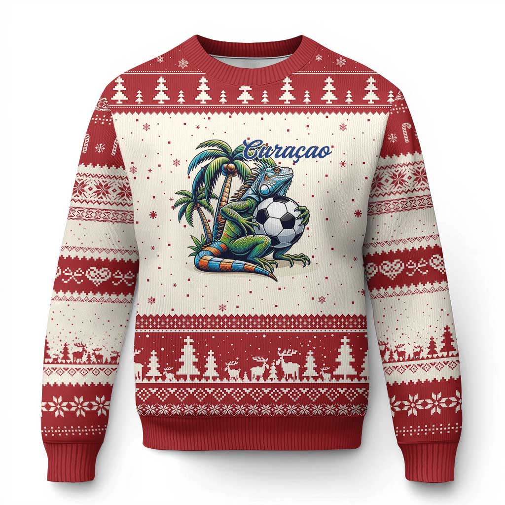 Funny Curaçao Iguana Soccer Fan Ugly Christmas Sweater Caribbean Pride Football Graphic TS12 Beige Red Print Your Wear