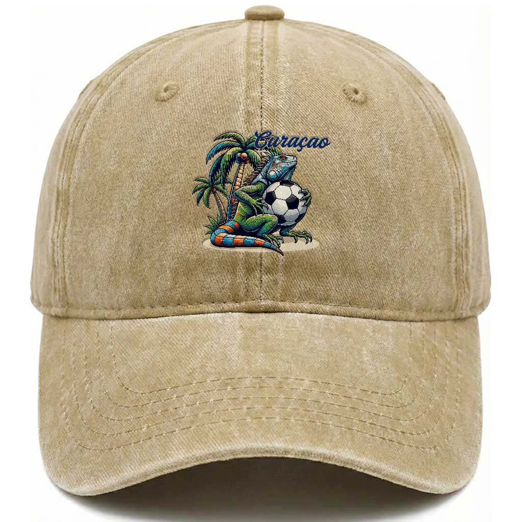 Funny Curaçao Iguana Soccer Fan Washed Cotton Baseball Cap Caribbean Pride Football Graphic TS12 Print Your Wear